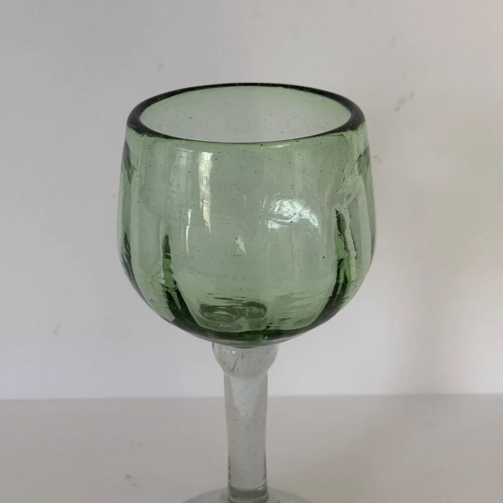 Vintage Mexican Green & Clear Handblown Wine Glass Goblet 8